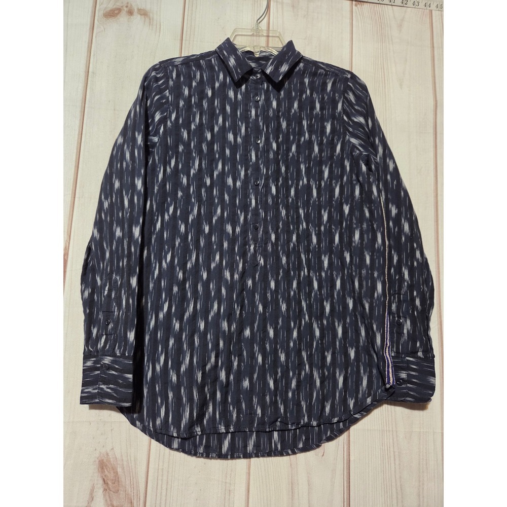 J.Crew Womens Ikat Print Cotton Popover Shirt Navy White Metallic Trim Size 4